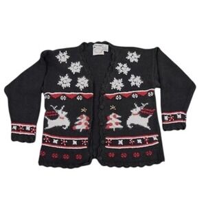 Erika Hand Knit Womens Black Reindeer Christmas Cardigan Sweater Size L